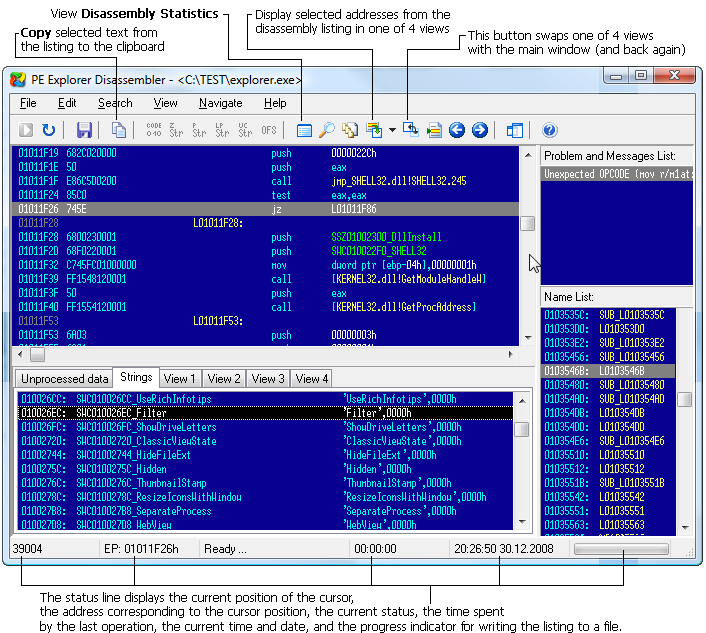 Hauptfenster des Disassemblers Disassembler